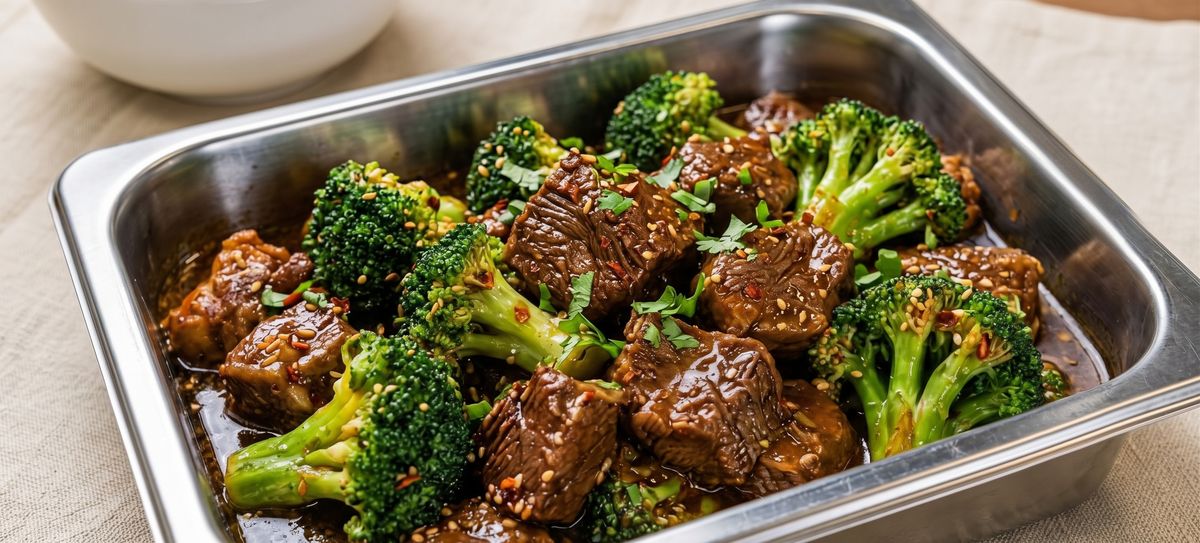 Beef with broccoli in a serving tray