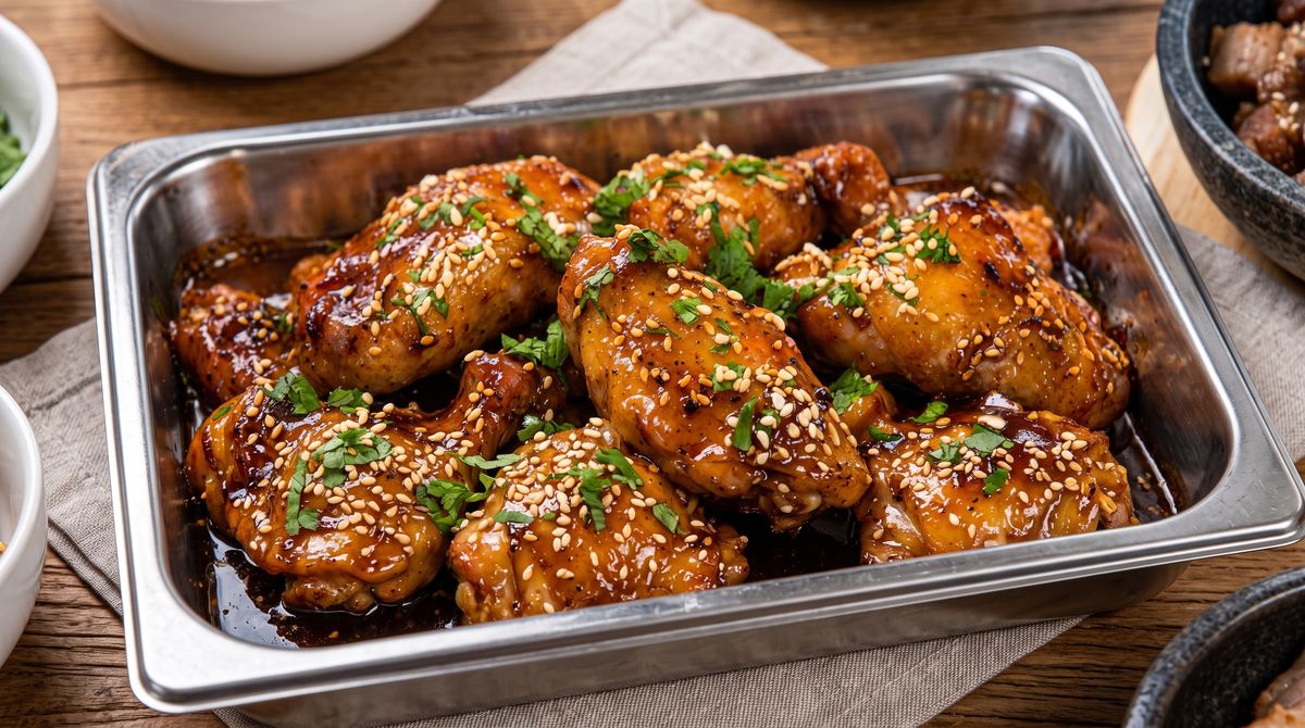 Glazed chicken in a serving tray