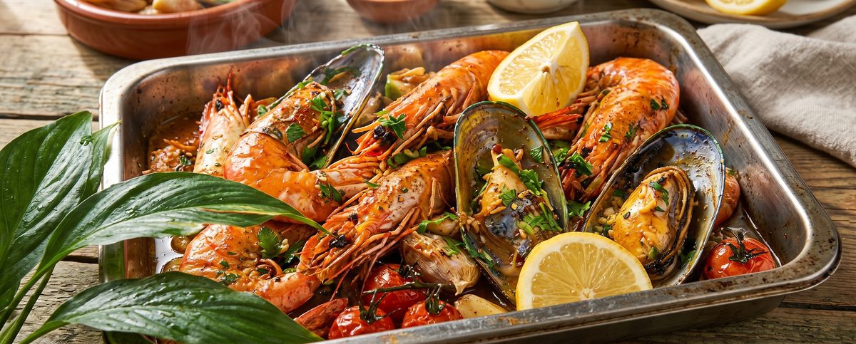 Shrimp and mussels in a serving tray