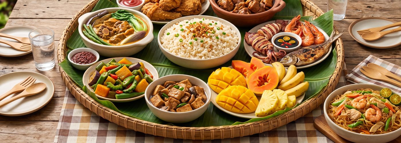 A Filipino food tray dinner spread on banana leaves: rice, grilled seafood, vegetables, noodles and fruit